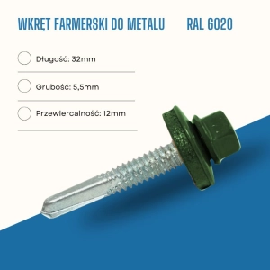Wkręt farmerski do metalu 5,5X32 mm przewiercalność 12 mm w kolorze RAL 6020